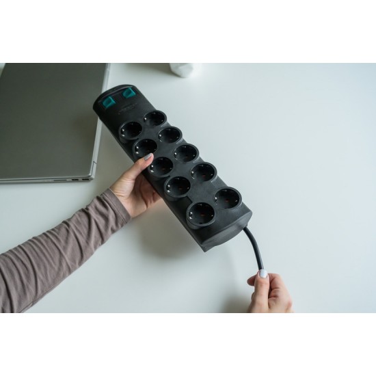 Brennenstuhl Primera-Line Power Strip 10-Fold [2 Switches / 5 Sockets each - Cable 2m - Black] (1153300120)