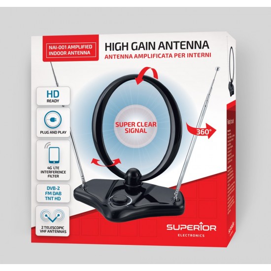 Superior Εσωτερική Ενισχυμένη Κεραία Τηλεόρασης VHF/UHF/FM με Υποστήριξη HD/Full HD/4K (SUPNAI001) Superior Εσωτερική Ενισχυμένη Κεραία Τηλεόρασης VHF/UHF/FM με Υποστήριξη HD/Full HD/4K (SUPNAI001)