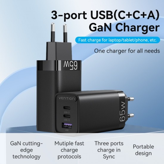 VENTION 3-Port USB (C+C+A) GaN Charger (65W/30W/30W) EU-Plug Black (FEDB0-EU)