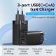 VENTION 3-Port USB (C+C+A) GaN Charger (65W/30W/30W) EU-Plug Black (FEDB0-EU)