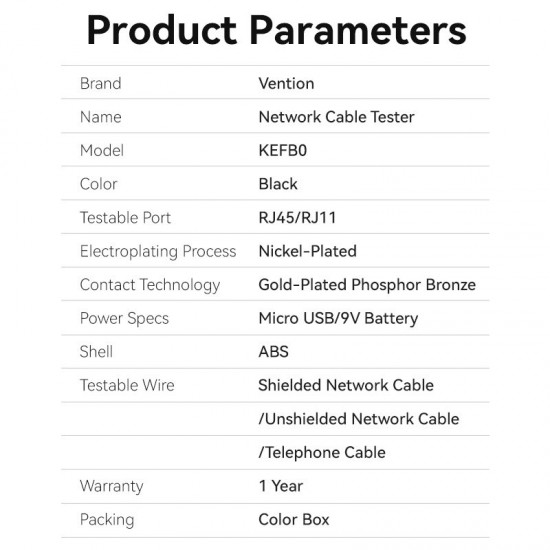 VENTION Manual Network RJ11/ RJ45 Cable Tester Black (KEFB0) VENTION Manual Network RJ11/ RJ45 Cable Tester Black (KEFB0)