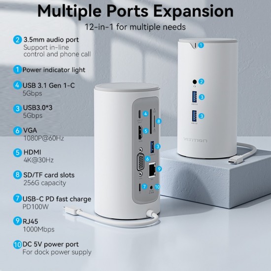 VENTION Type-C to HDMI/VGA/USB 3.1 Gen 1-C/USB 3.0x3/RJ45/SD/TF/TRRS 3.5mm/PD 100W/DC 10W Docking Station White Vertical Type (TPHWC-EU) VENTION Type-C to HDMI/VGA/USB 3.1 Gen 1-C/USB 3.0x3/RJ45/SD/TF/TRRS 3.5mm/PD 100W/DC 10W Docking Station White Vertical Type (TPHWC-EU)