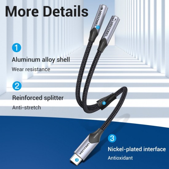 VENTION Type-C Male to TRS Audio & Mic Splitter 0.3M Gray Aluminum Alloy Type (BGPHY) VENTION Type-C Male to TRS Audio & Mic Splitter 0.3M Gray Aluminum Alloy Type (BGPHY)