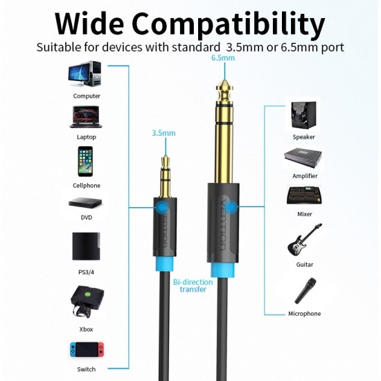 VENTION 3.5mm Male to 6.5mm Male Audio Cable 5M Black (BABBJ) VENTION 3.5mm Male to 6.5mm Male Audio Cable 5M Black (BABBJ)