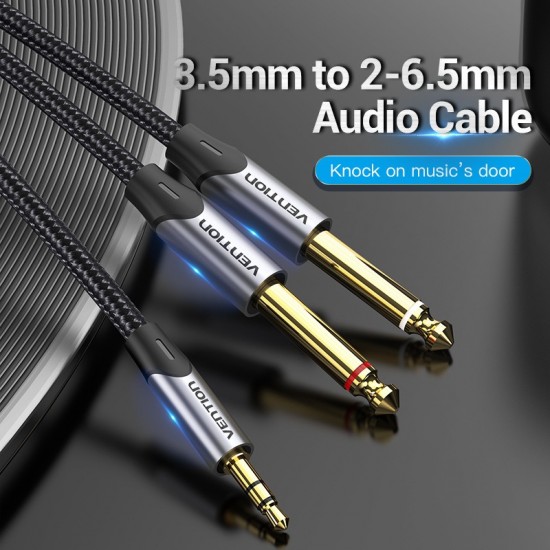 VENTION Cotton Braided TRS 3.5mm Male to 2*6.5mm Male Audio Cable 1.5M Gray Aluminum Alloy Type (BARHG)
