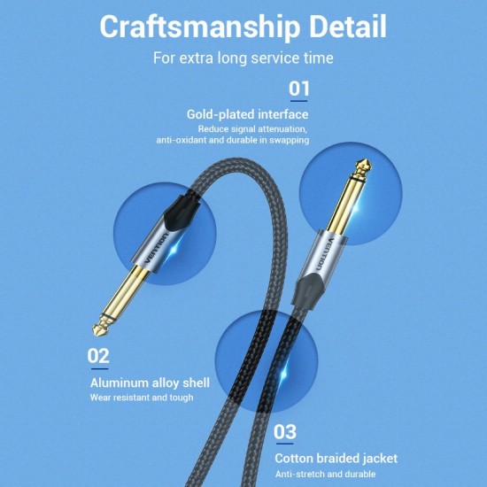 VENTION Cotton Braided 6.5mm Male to Male Audio Cable 10M Gray Aluminum Alloy Type (BASHL)
