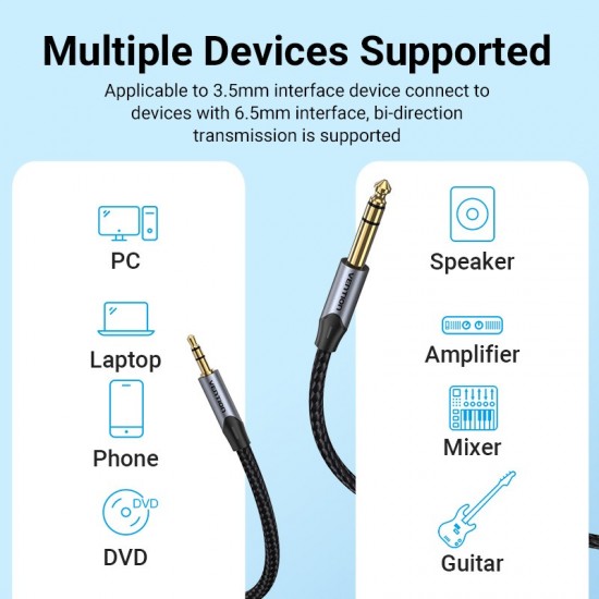 VENTION Cotton Braided TRS 3.5mm Male to 6.5mm Male Audio Cable 2M Gray Aluminum Alloy Type (BAUHH)