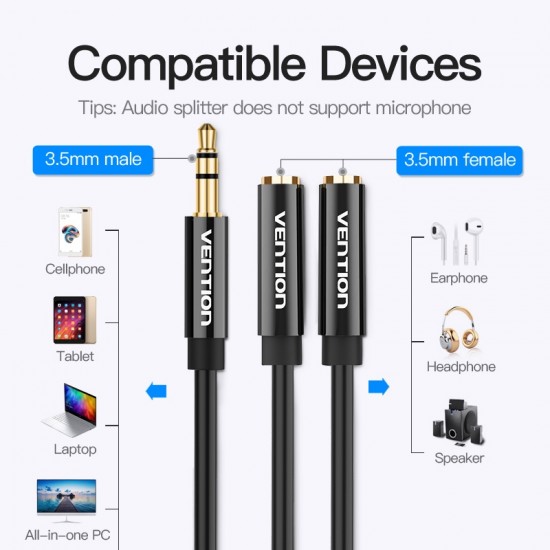 VENTION 3.5mm Male to 2*3.5mm Female Stereo Splitter Cable 0.3M Black ABS Type (BBSBY) VENTION 3.5mm Male to 2*3.5mm Female Stereo Splitter Cable 0.3M Black ABS Type (BBSBY)