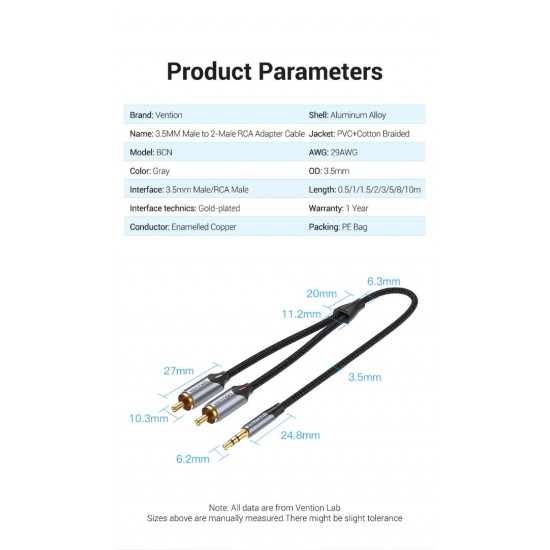 VENTION 3.5mm Male to 2RCA Male Audio Cable 1.5M Gray Aluminum Alloy Type (BCNBG) VENTION 3.5mm Male to 2RCA Male Audio Cable 1.5M Gray Aluminum Alloy Type (BCNBG)