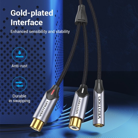 VENTION Cotton Braided 3.5mm Female to 2RCA Female Splitter Cable 0.3M Gray Aluminum Alloy Type (BCOHY)
