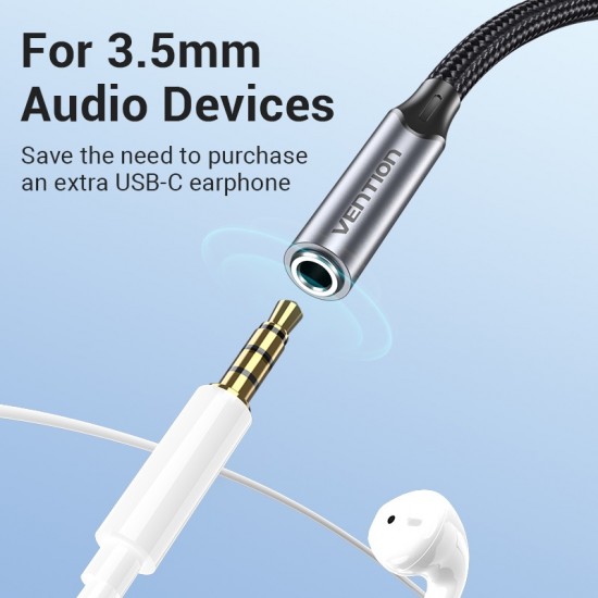 VENTION Type-C Male to 3.5mm Earphone Jack with DAC Adapter 0.1M Gray Aluminum Alloy Type (BGMHA) VENTION Type-C Male to 3.5mm Earphone Jack with DAC Adapter 0.1M Gray Aluminum Alloy Type (BGMHA)