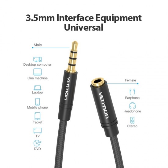 VENTION Cotton Braided 3.5mm Audio Extension Cable 3M Black Metal Type (BHBBI) VENTION Cotton Braided 3.5mm Audio Extension Cable 3M Black Metal Type (BHBBI)