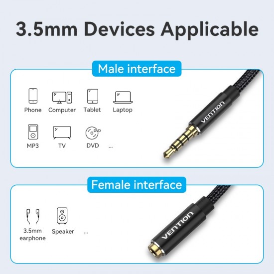 VENTION Cotton Braided TRRS 3.5mm Male to 3.5mm Female Audio Extension Cable 1M Black Aluminum Alloy Type (BHCBF) VENTION Cotton Braided TRRS 3.5mm Male to 3.5mm Female Audio Extension Cable 1M Black Aluminum Alloy Type (BHCBF)