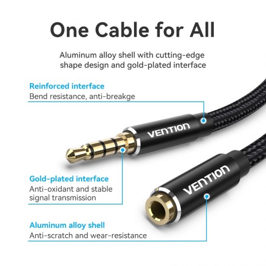 VENTION Cotton Braided TRRS 3.5mm Male to 3.5mm Female Audio Extension Cable 1M Black Aluminum Alloy Type (BHCBF) VENTION Cotton Braided TRRS 3.5mm Male to 3.5mm Female Audio Extension Cable 1M Black Aluminum Alloy Type (BHCBF)