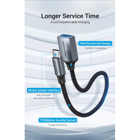 VENTION USB 3.0 Type-C Male to A Female OTG Cable 0.15M Gray Aluminum Alloy Type (CCXHB) VENTION USB 3.0 Type-C Male to A Female OTG Cable 0.15M Gray Aluminum Alloy Type (CCXHB)