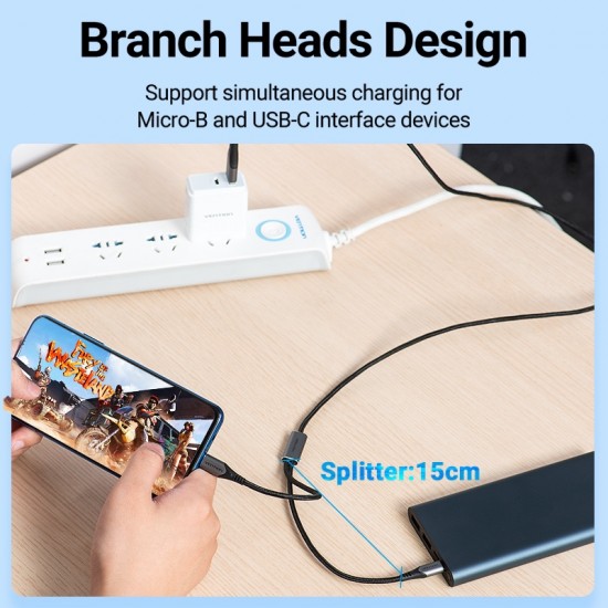 VENTION Nylon Braided USB 2.0 A Male to Type-C 3A & Micro B Male 2A Y-Splitter Cable 1M Gray Aluminum Alloy Type (CQGHF) VENTION Nylon Braided USB 2.0 A Male to Type-C 3A & Micro B Male 2A Y-Splitter Cable 1M Gray Aluminum Alloy Type (CQGHF)
