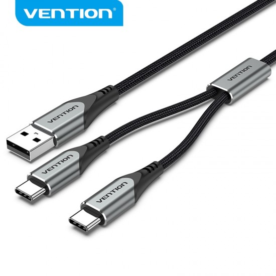 VENTION Nylon Braided USB 2.0 A Male to Dual Type-C Male 3A Y-Splitter Cable 0.5M Gray Aluminum Alloy Type (CQOHD) VENTION Nylon Braided USB 2.0 A Male to Dual Type-C Male 3A Y-Splitter Cable 0.5M Gray Aluminum Alloy Type (CQOHD)