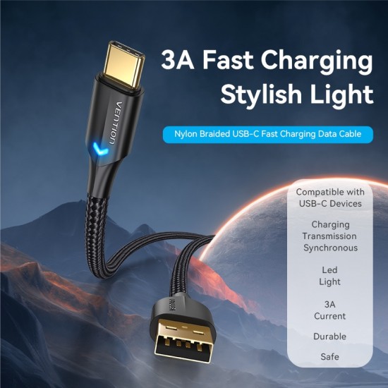 VENTION Nylon Braided USB 2.0 A Male to Type-C Male 3A Cable 0.5M Black LED Type (CTFBD) VENTION Nylon Braided USB 2.0 A Male to Type-C Male 3A Cable 0.5M Black LED Type (CTFBD)