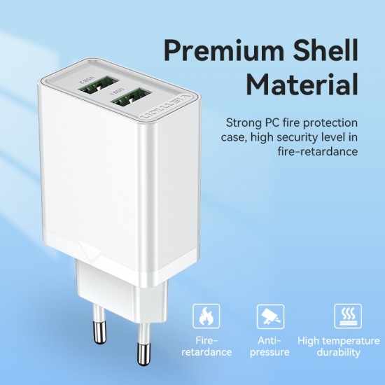 VENTION 2-Port USB (A+A) Wall Charger (18W/18W) EU White (FBAW0-EU) VENTION 2-Port USB (A+A) Wall Charger (18W/18W) EU White (FBAW0-EU)