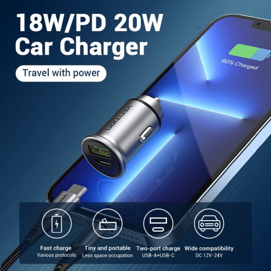 VENTION 2-Port USB (A+C) Car Charger (18W/20W) Gray Mini Style Aluminium Alloy Type (FFBH0) VENTION 2-Port USB (A+C) Car Charger (18W/20W) Gray Mini Style Aluminium Alloy Type (FFBH0)