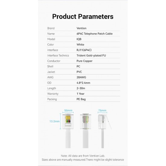 VENTION Flat 4-Core Telephone RJ11 Cable with 6P4C Plug 3M White (IQBWI) VENTION Flat 4-Core Telephone RJ11 Cable with 6P4C Plug 3M White (IQBWI)