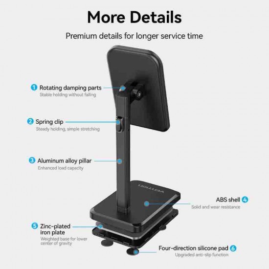 VENTION Height Adjustable Desktop Smartphone Stand White Aluminum Alloy Type (KCQW0) VENTION Height Adjustable Desktop Smartphone Stand White Aluminum Alloy Type (KCQW0)