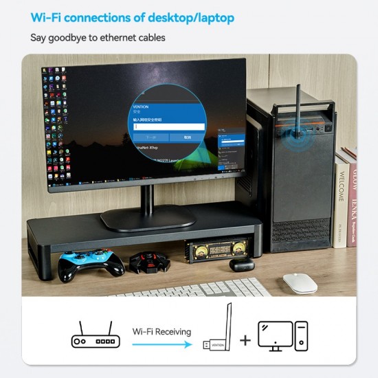 VENTION AC650 USB Wi-Fi Dual Band Network Adapter with High-Gain Antenna Black (KDTB0)