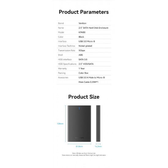 VENTION 2.5" Hard Drive Enclosure SATA III, USB3.0 Black (KPAB0)