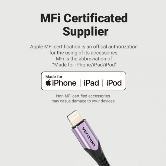 VENTION Nylon Braided USB 2.0 A to Lightning 2.4A Cable 1.5M Purple Aluminum Alloy Type MFi-Certified (LABVG) VENTION Nylon Braided USB 2.0 A to Lightning 2.4A Cable 1.5M Purple Aluminum Alloy Type MFi-Certified (LABVG)