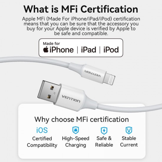 VENTION USB 2.0 A to Lightning 2.4A Cable 2M White MFi-Certified (LAFWH) VENTION USB 2.0 A to Lightning 2.4A Cable 2M White MFi-Certified (LAFWH)