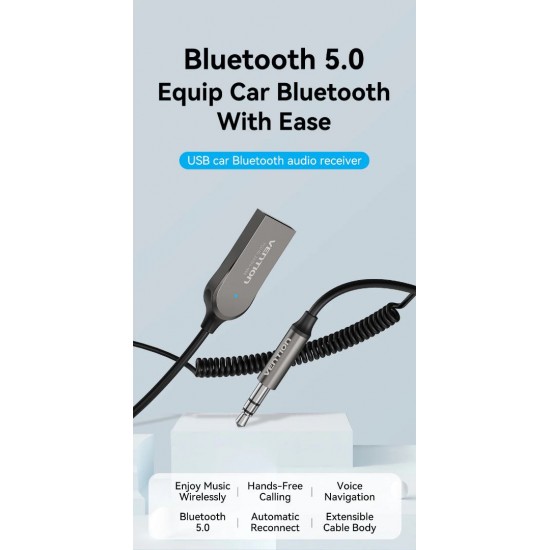 VENTION USB Car Bluetooth 5.0 Audio Receiver With Coiled Cable 1.5M Gray Zinc Alloy Type (NAGHG) VENTION USB Car Bluetooth 5.0 Audio Receiver With Coiled Cable 1.5M Gray Zinc Alloy Type (NAGHG)
