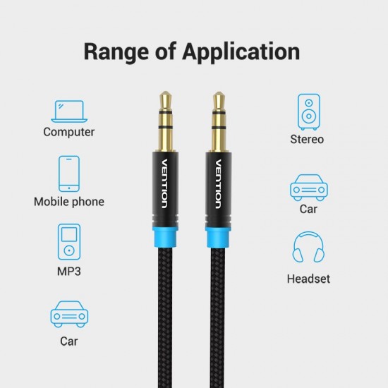 VENTION Cotton Braided 3.5mm Male to Male Audio Cable 1M Black Metal Type (High-End Series) (P350AC100-B-M) VENTION Cotton Braided 3.5mm Male to Male Audio Cable 1M Black Metal Type (High-End Series) (P350AC100-B-M)