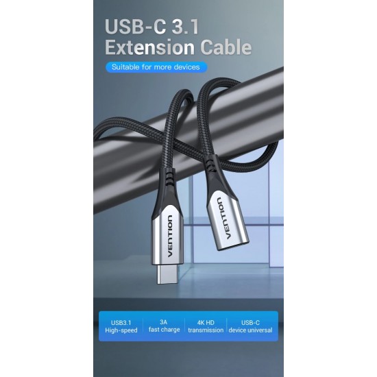 VENTION Cotton Braided Type-C 3.1 Extension Cable 0.5M Gray (TABHD) VENTION Cotton Braided Type-C 3.1 Extension Cable 0.5M Gray (TABHD)