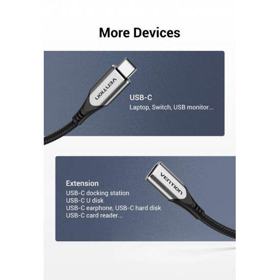 VENTION Cotton Braided Type-C 3.1 Extension Cable 0.5M Gray (TABHD) VENTION Cotton Braided Type-C 3.1 Extension Cable 0.5M Gray (TABHD)