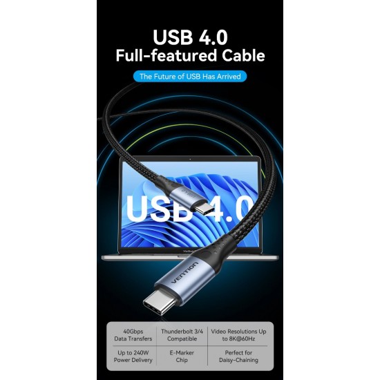 VENTION Cotton Braided USB 4.0 Type-C to Type-C 5A Cable 1M Gray Aluminum Alloy Type (TAVHF) VENTION Cotton Braided USB 4.0 Type-C to Type-C 5A Cable 1M Gray Aluminum Alloy Type (TAVHF)