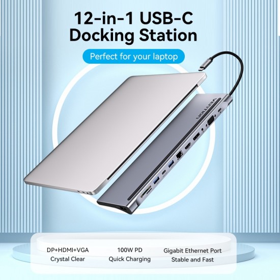 VENTION Type-C to DisplayPort/HDMI/VGA/USB-C Gen 1/USB 3.0x2/USB 2.0/RJ45/SD/TF/TRRS 3.5mm/PD 100W Docking Station 0.25M Gray Metal Type (THSHC) VENTION Type-C to DisplayPort/HDMI/VGA/USB-C Gen 1/USB 3.0x2/USB 2.0/RJ45/SD/TF/TRRS 3.5mm/PD 100W Docking Station 0.25M Gray Metal Type (THSHC)