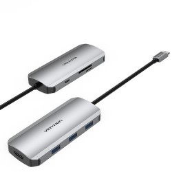 VENTION Type-C to HDMI/USB 3.0*3/SD/TF/PD 100W Docking Station 0.15M Gray Aluminum Alloy Type (TOJHB)