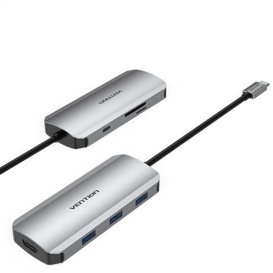 VENTION Type-C to HDMI/USB 3.0*3/SD/TF/PD 100W Docking Station 0.15M Gray Aluminum Alloy Type (TOJHB)