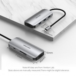 VENTION Type-C to HDMI/USB 3.0*3/SD/TF/PD 100W Docking Station 0.15M Gray Aluminum Alloy Type (TOJHB)
