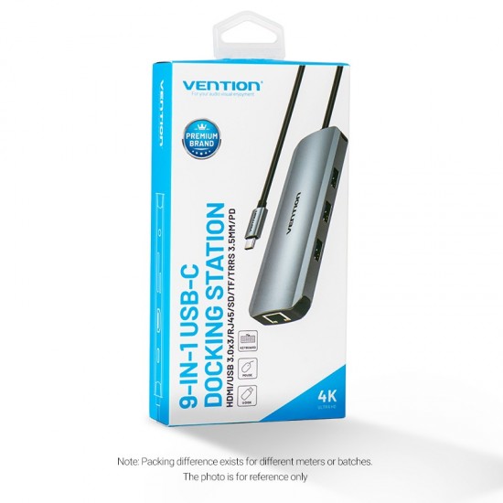 VENTION Type-C to HDMI/USB 3.0*3/RJ45/SD/TF/TRRS 3.5mm/PD 100W Docking Station 0.15M Gray Aluminum Alloy Type (TOLHB)