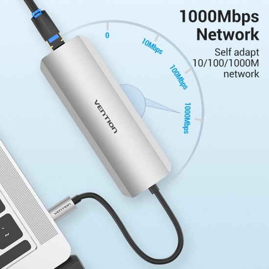 VENTION Type-C to HDMI/USB 3.0*3/RJ45/SD/TF/TRRS 3.5mm/PD 100W Docking Station 0.15M Gray Aluminum Alloy Type (TOLHB)