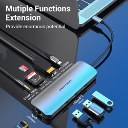 VENTION Type-C to HDMI/USB 3.0*3/RJ45/SD/TF/TRRS 3.5mm/PD 100W Docking Station 0.15M Gray Aluminum Alloy Type (TOLHB)