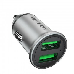 VENTION 2-Port USB (A+A) Car Charger (18W/18W) Gray Mini Style Aluminum Alloy Type (FFAH0)