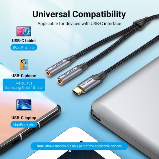 VENTION Type-C Male to 2*3.5mm Earphone Jack Adapter 0.3M Gray Aluminum Alloy Type (BGNHY)