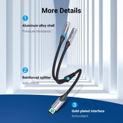 VENTION Type-C Male to 2*3.5mm Earphone Jack Adapter 0.3M Gray Aluminum Alloy Type (BGNHY)