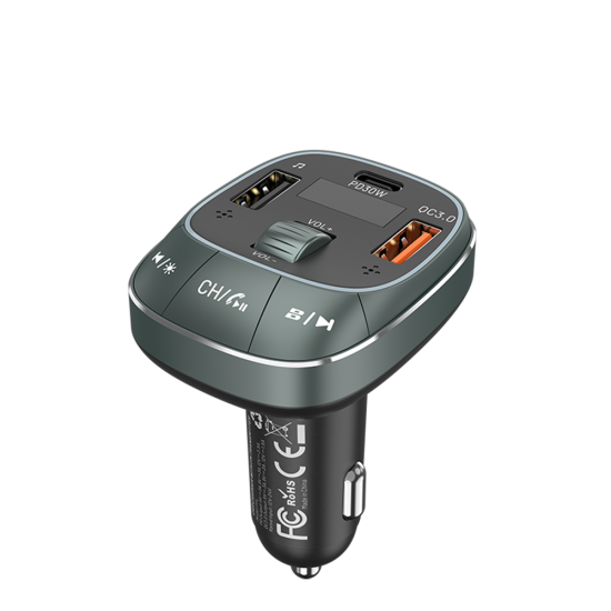 VENTION 3-Port USB (C+A+A) Car Charger with FM Transmitter (30W/18W/5W) Black ABS Type (FFLB0)