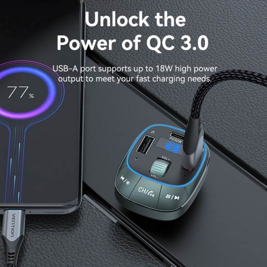 VENTION 3-Port USB (C+A+A) Car Charger with FM Transmitter (30W/18W/5W) Black ABS Type (FFLB0)