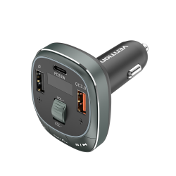 VENTION 3-Port USB (C+A+A) Car Charger with FM Transmitter (30W/18W/5W) Black ABS Type (FFLB0)