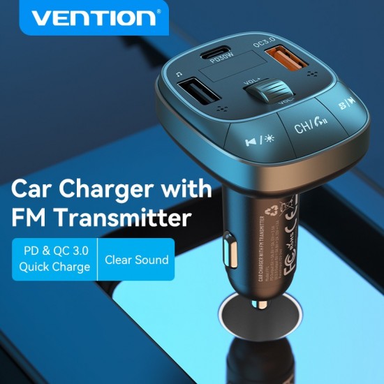 VENTION 3-Port USB (C+A+A) Car Charger with FM Transmitter (30W/18W/5W) Black ABS Type (FFLB0)
