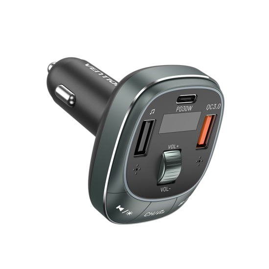 VENTION 3-Port USB (C+A+A) Car Charger with FM Transmitter (30W/18W/5W) Black ABS Type (FFLB0)